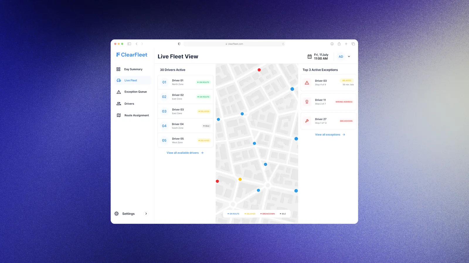 ClearFleet live fleet view dashboard with driver list, map and exception queue