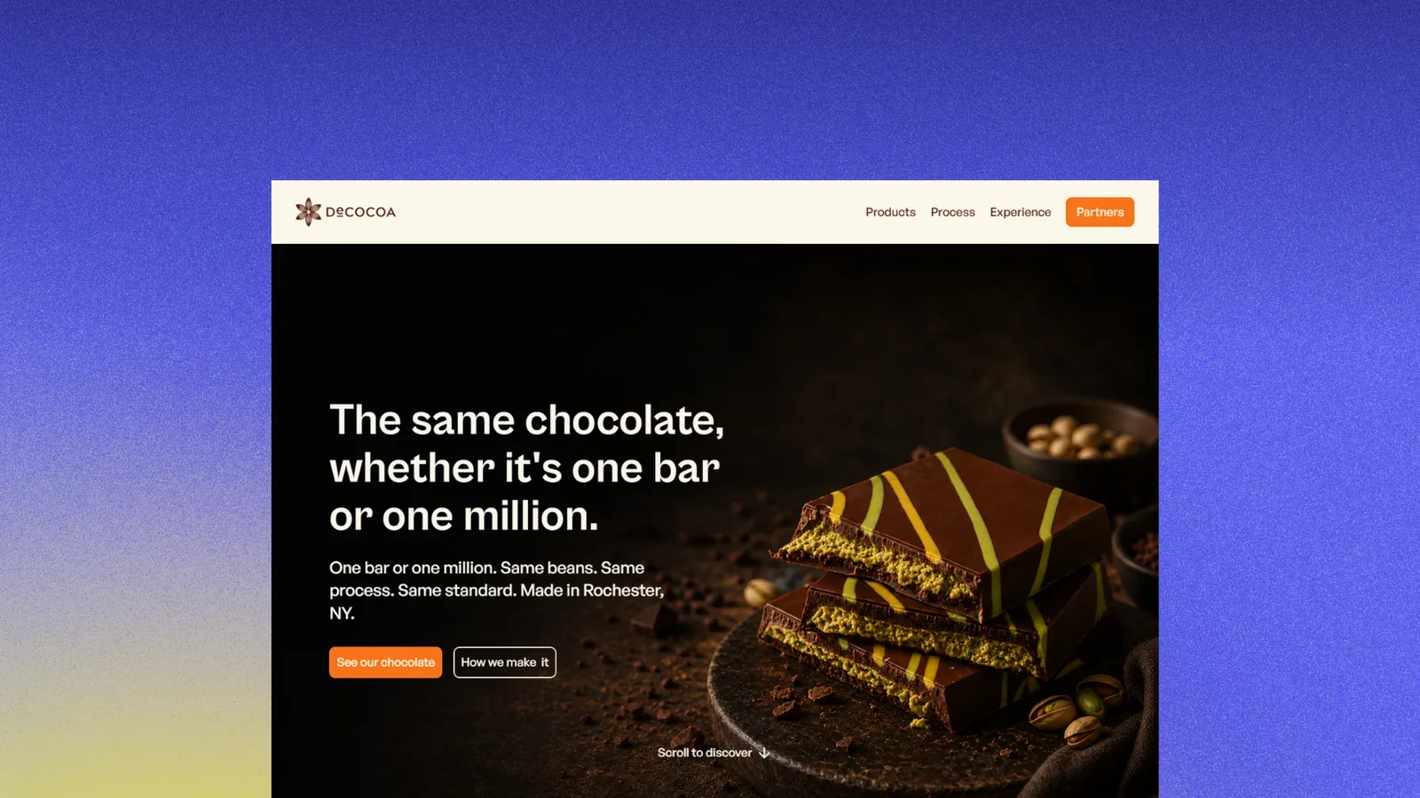 Decocoa website hero: The same chocolate, whether it's one bar or one million